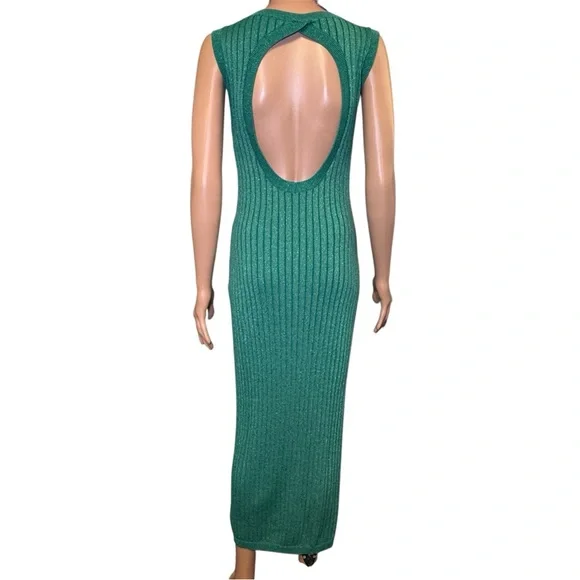 House of Harlow 1960 Ribbed Shimmer Green Maxi Open Back Bodycon Dress Sz Medium - Picture 2 of 10